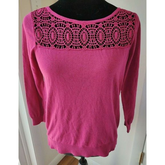 Ann Taylor Loft Sweater Top Cotton Silk Size XS 3/4 Sleeve Crochet Neck - Picture 1 of 8